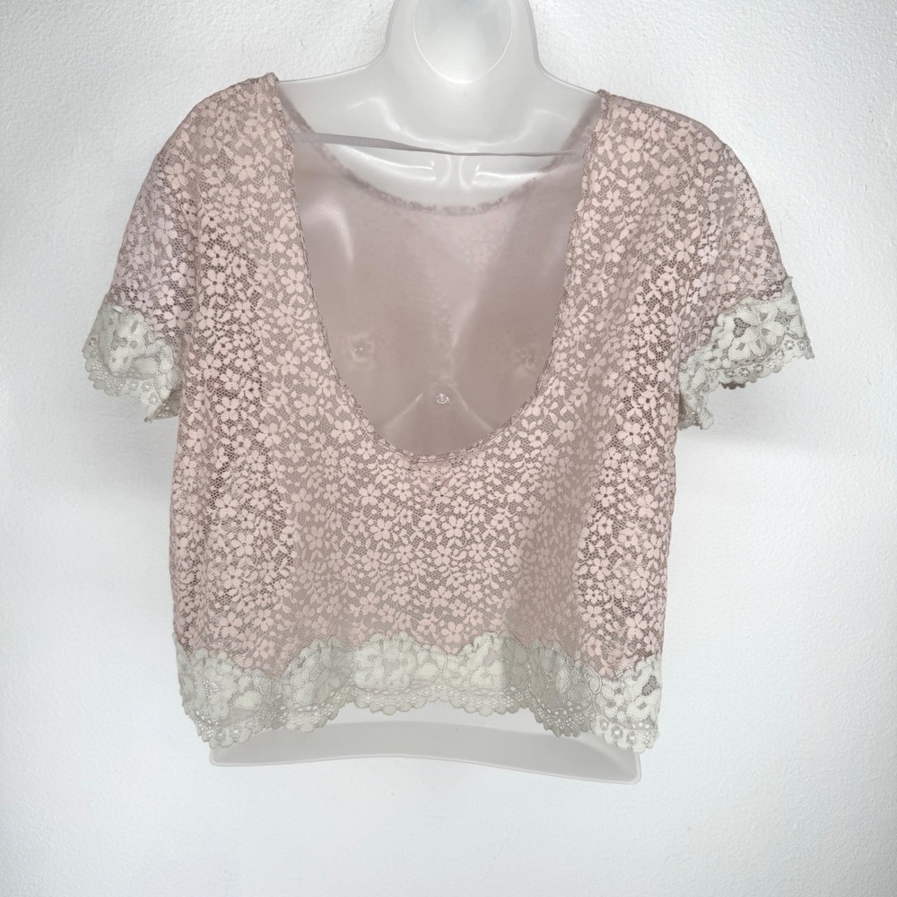 Victorias Secret Pink Lace Crop Top Deep Open Scoop Back Floral Sheer Large Boho